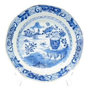 Chinese Plate Qianlong Blue White Porcelain Lotus Lake Village Qing Period 18C
