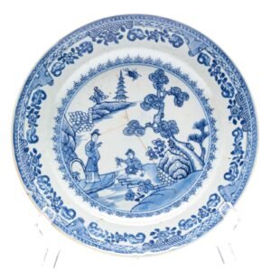 Chinese Porcelain Plate Blue White Lady Boy Fish Qing Export Qianlong Period 18C