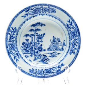 Chinese Porcelain Deep Plate Blue White Garden Scene Pagoda Scrolls Qianlong 18C