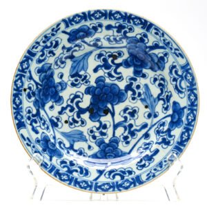 Chinese Porcelain Plate Blue White Peony Scroll Kangxi Brown Rim Qing Export 18C