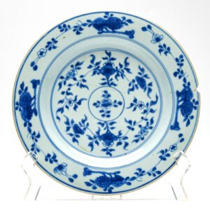 Chinese Porcelain Plate Blue White Peony Scroll Kangxi Brown Rim Qing Export 18C