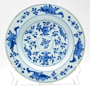Chinese Porcelain Plate Blue White Peony Scroll Kangxi Brown Rim Qing Export 18C