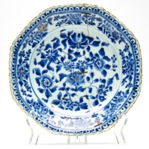 Chinese Porcelain Plate Blue Gilt Lotus Ribbon Rim Kangxi Lingzhi Mark Qing 18C