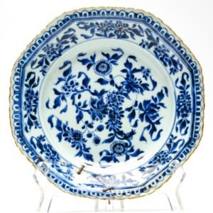 Chinese Porcelain Plate Blue Gilt Lotus Ribbon Rim Kangxi Lingzhi Mark Qing 18C