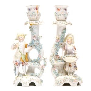 German Dresden Porcelain Candle Holders Ware Figurine of Noble Lady Gent 19th C