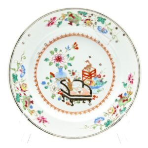 Chinese Porcelain Deep Plate Famille Rose Gilt Scholar's Room Qianlong Qing 18C