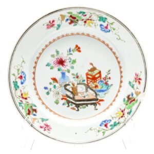 Chinese Porcelain Deep Plate Famille Rose Gilt Scholar's Room Qianlong Qing 18C