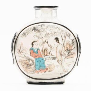 Chinese Snuff Bottle Lady Scene Peking Glass Translucent Black Beast Handles 20C
