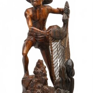 Chinese Wood Carving Qing Figurine Fisherman Net Brown Green Mat Early 20th C