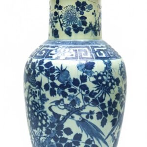 Chinese Porcelain Baluster Vase Cover Blue White Bird Peony Late Qing Period 19C