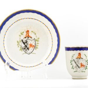 Chinese Qianlong Porcelain Armorial Arm Cooper Imp Drew Cup Saucer Gilt Qing 18C