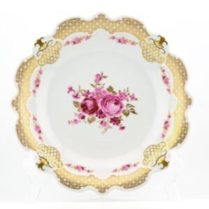 German Porcelain Plate Wallendorf 1764 Mark White Gilt Pink Flower Middle 20C