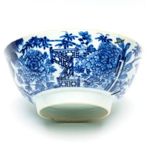 Chinese Porcelain Punch Bowl Blue White Landscape Peony Qianlong Export Qing 18C