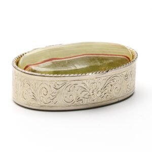 English Trinket Box Onyx Regency Style Silver Engraved Flower Scrolls Late 20C