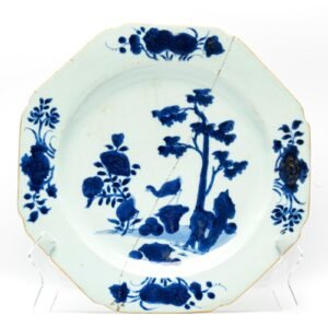 Chinese Charger Kangxi Cobalt Blue Gilt Octagonal Porcelain Bird Flower Qing 18C