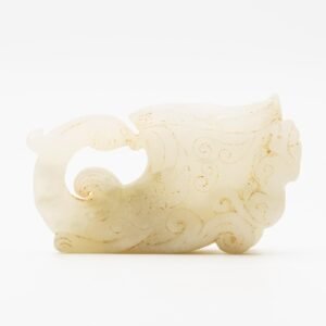 Chinese Jade Pale White Phoenix Horn Cup Figurine Canton Lingzhi Carved Late 20C