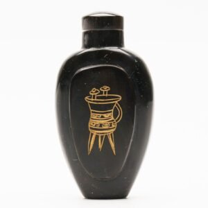 Chinese Snuff Bottle Faux Bois Lacquer Gilt Stopper Tripod Landscape Black 20C