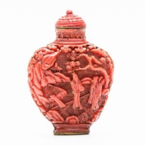 Chinese Snuff Bottle Cinnabar Immortal Scene Red Stopper Gilt Qing Marked 20C