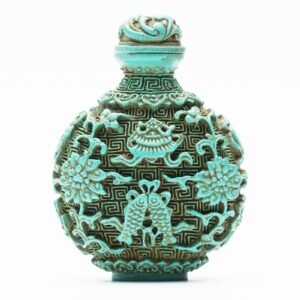 Chinese Snuff Bottle Cinnabar Eight Buddhist Symbols Turquoise Stopper Late 20C