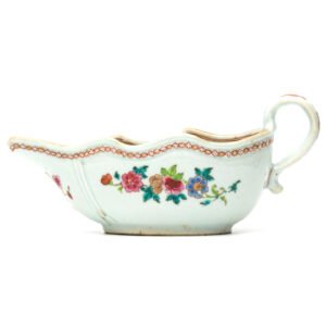 Chinese Qianlong Porcelain Sauce Boat Famille Rose Gilt European Birds Qing 18C