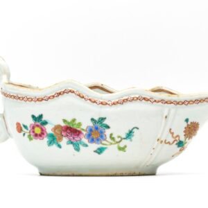 Chinese Qianlong Porcelain Sauce Boat Famille Rose Gilt European Birds Qing 18C