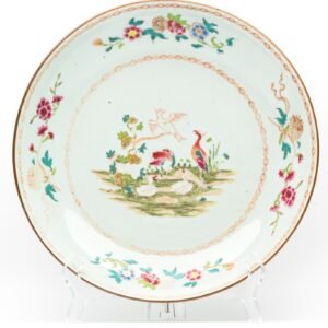 Chinese Qianlong Porcelain Dish Famille Rose Gilt European Aqua Birds Qing 18C