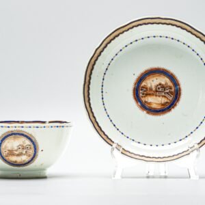 Chinese Export American Cup Saucer Sepia Shipyard Qianlong Blue Gilt Enamel 18C