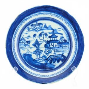 Chinese Export Porcelain Plate Blue White Canton Landscape Qing Period 19th C.
