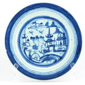 Chinese Export Porcelain Plate Blue White Canton Landscape Qing Period 19th C.