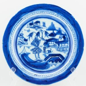 Chinese Export Porcelain Plate Blue White Canton Landscape Qing Period 19th C.