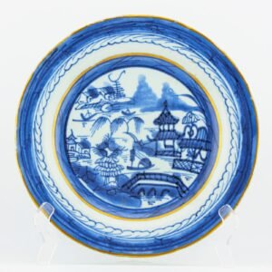Chinese Export Porcelain Plate Blue White Canton Landscape Qing Period 19th C.