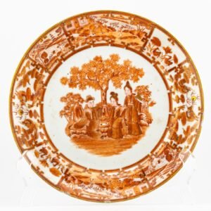 Chinese Porcelain Mandarin Plate Canton Sepia Grisaille Gilt Figures Qing 19th C