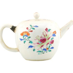 Chinese Qianlong Porcelain Teapot Metal Mount Famille Rose Peony Qing 18th C