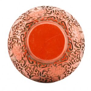 Chinese Carved Cinnabar Box Archaic Red Rounded Base Scrolls Lotus 20th Century