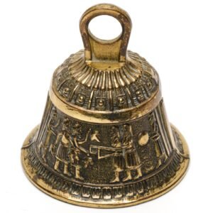 Metal Cast Brass Hand Bell Peerage Made in England Engraved Ancient Scene 20th C