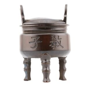 Chinese Tripod Incense Burner Bamboo Wood Carving Brown Republic 教子有方 20th C