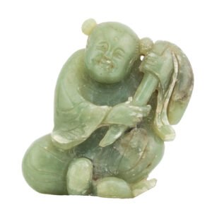 Chinese Guangxu Jade Green Carved Figure Hehe Boy Qing Dynasty Late 19th Century