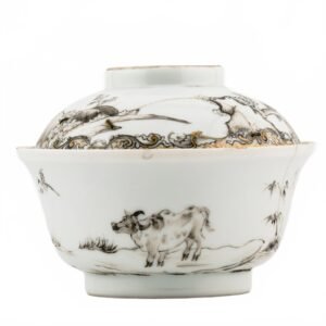 Chinese Grisaille Porcelain Gilt Bowl Cover Water Bull Export Qianlong 18th C