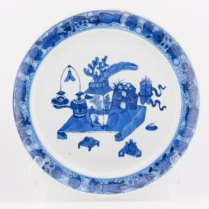 Chinese Porcelain Guangxu Blue White Plate Hundred Antiques Qing 19th Century