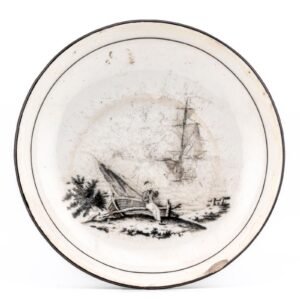 England New Hall Porcelain Saucer Black Sepia Marine Scene Ships Sailor c.1790