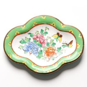 Chinese Pin Tray Canton Rose Painted Enamel Flower Green Turquoise Mid 20C