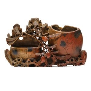 Chinese Carved Soapstone Double Brush Pot Scholar Desk Planter Floral 20th C