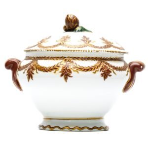 Vintage Portugal Porcelain Covered Tureen Gilt Laurel Acorn Finial Marked 20th C