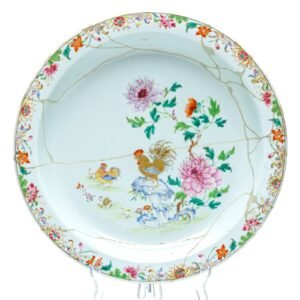 Chinese Chicken Cockerel Porcelain Charger Famille Rose Gilt Qing Yongzheng 18C