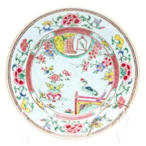 Chinese Porcelain Plate Famille Rose Gilt Flower Crane Garden Yongzheng Qing 18C