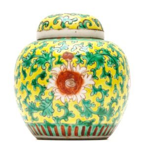 Chinese Porcelain Ginger Jar Cover Famille Jaune Lotus Scrolls Qing Dynasty 19C