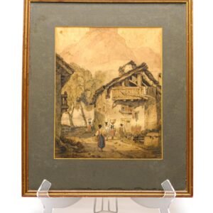 Painting Watercolour After Samuel Prout Tyrolese Scene Alpine Village 19th C Framed