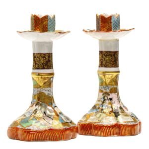 Japanese Porcelain Yokohama Candle Holders Sticks Marked Satsuma Gilt Meiji 19C