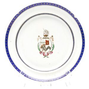 Chinese Armorial Porcelain Plate Arms Samler impaling Shaw Qing Blue Gilt C1795