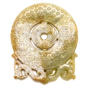 Chinese Jade Russet White Carved Bi Circle Scrolls Statue Qing Dynasty 20th C